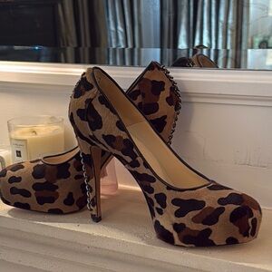 Brian Atwood Ponyhair Leopard Print Platform Heels 39